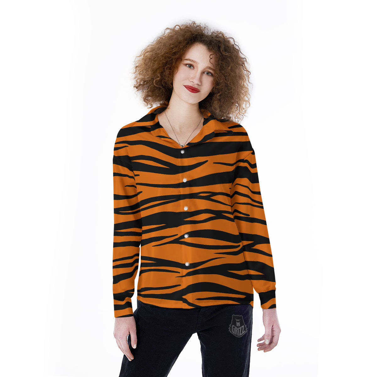 Tiger Stripe Black And Orange Print Women's Long Sleeve Shirts-grizzshop