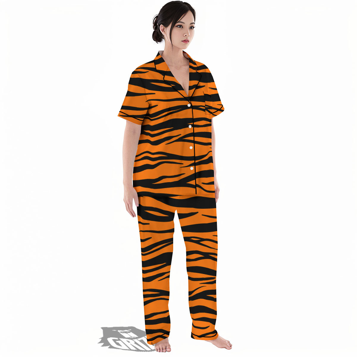 Tiger Stripe Black And Orange Print Women's Pajamas Set-grizzshop