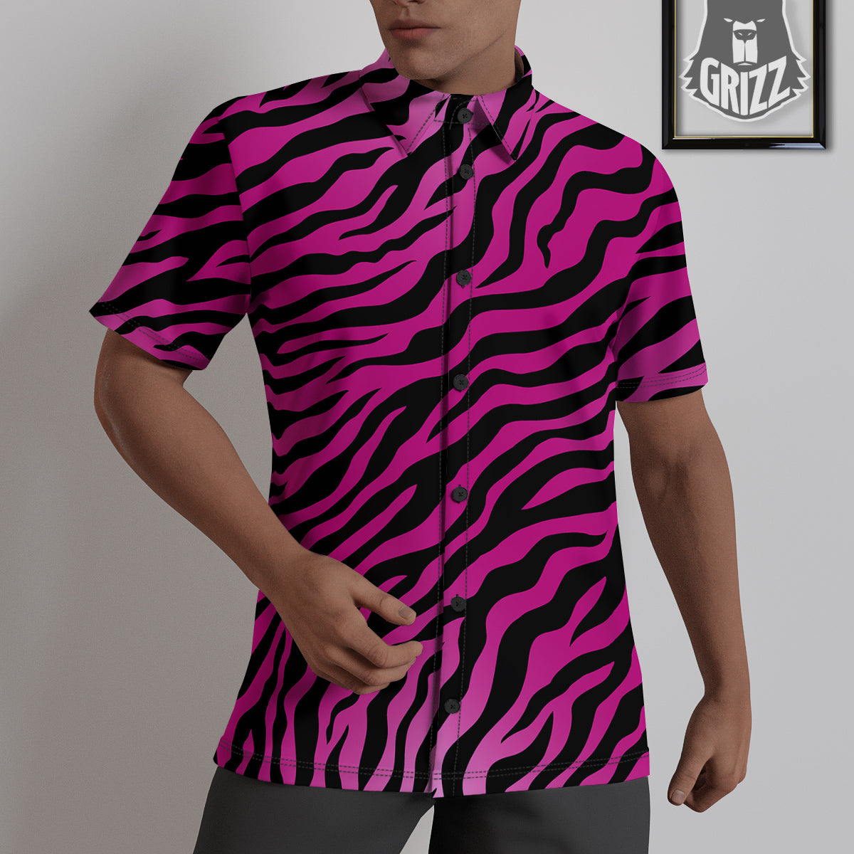 Tiger Stripe Black And Pink Print Untucked Shirts-grizzshop