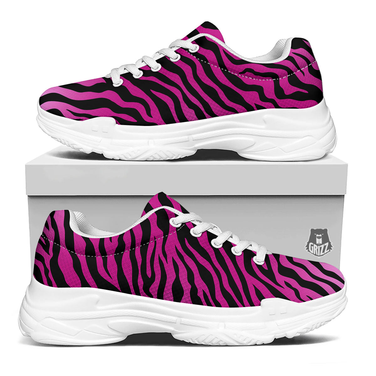 Tiger Stripe Black And Pink Print White Chunky Shoes-grizzshop