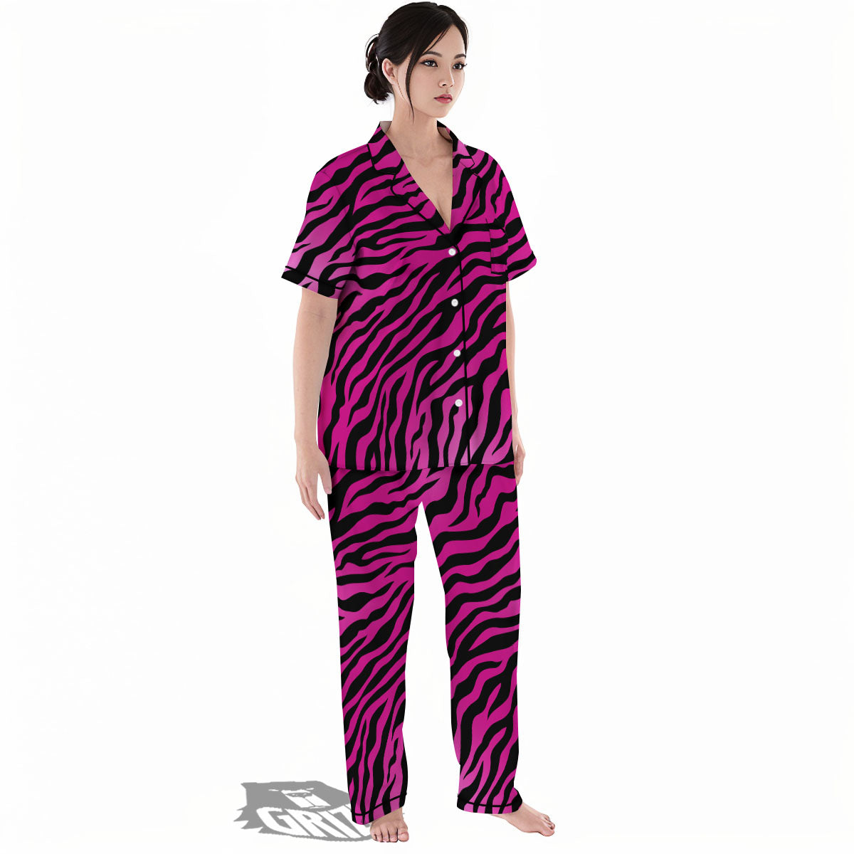 Tiger Stripe Black And Pink Print Women's Pajamas Set-grizzshop