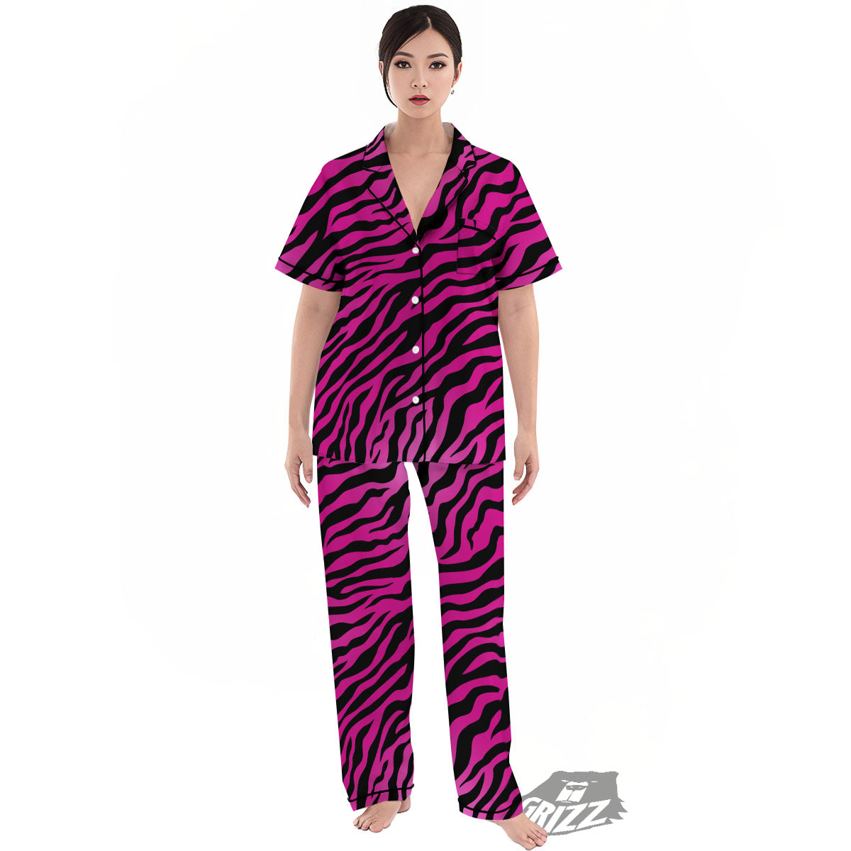 Tiger Stripe Black And Pink Print Women's Pajamas Set-grizzshop