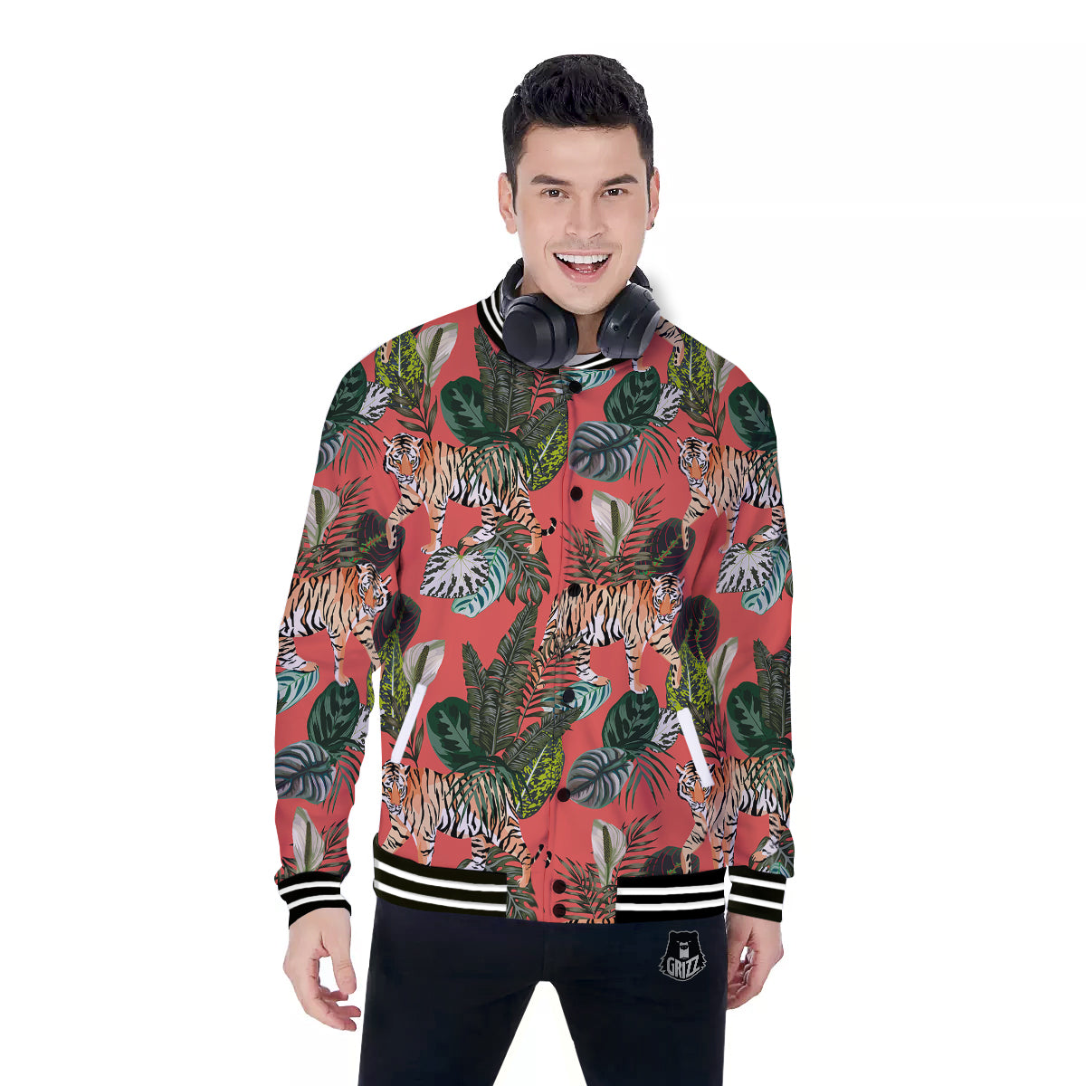 Tiger Tropical Print Pattern Baseball Jacket-grizzshop