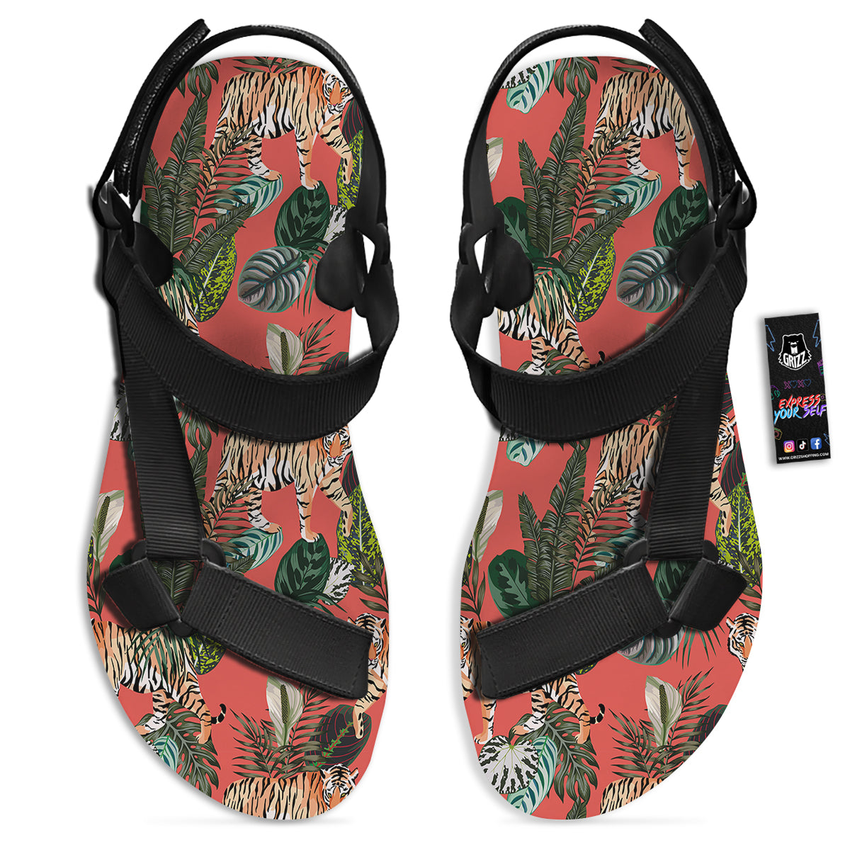 Tiger Tropical Print Pattern Black Open Toe Sandals-grizzshop