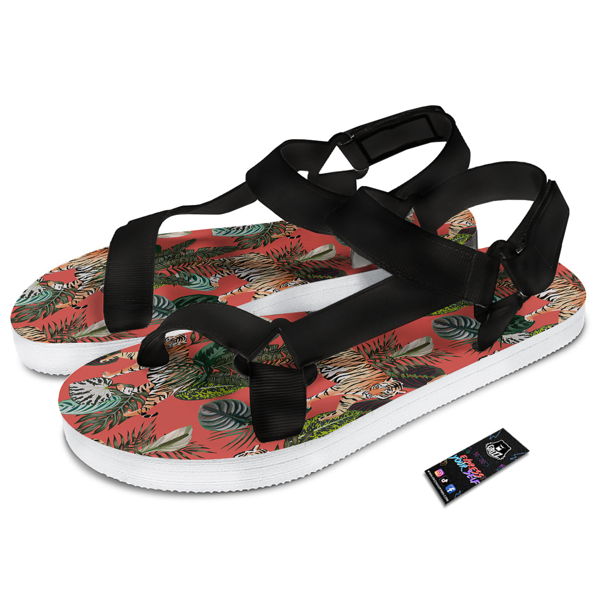 Tiger Tropical Print Pattern Black Open Toe Sandals-grizzshop