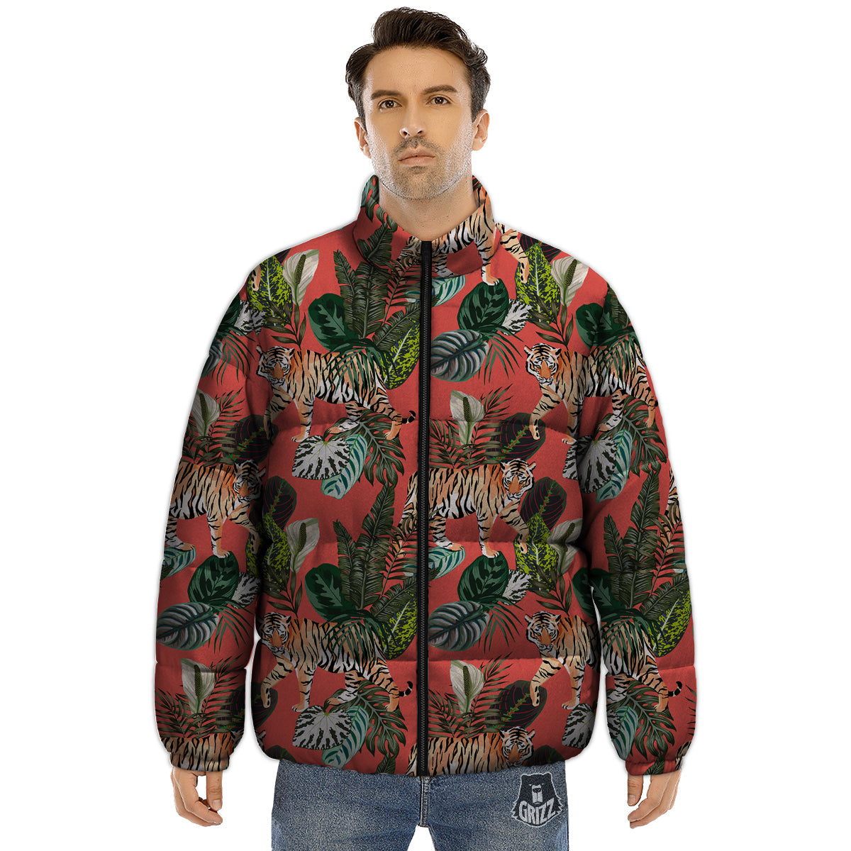 Tiger Tropical Print Pattern Puffer Jacket-grizzshop