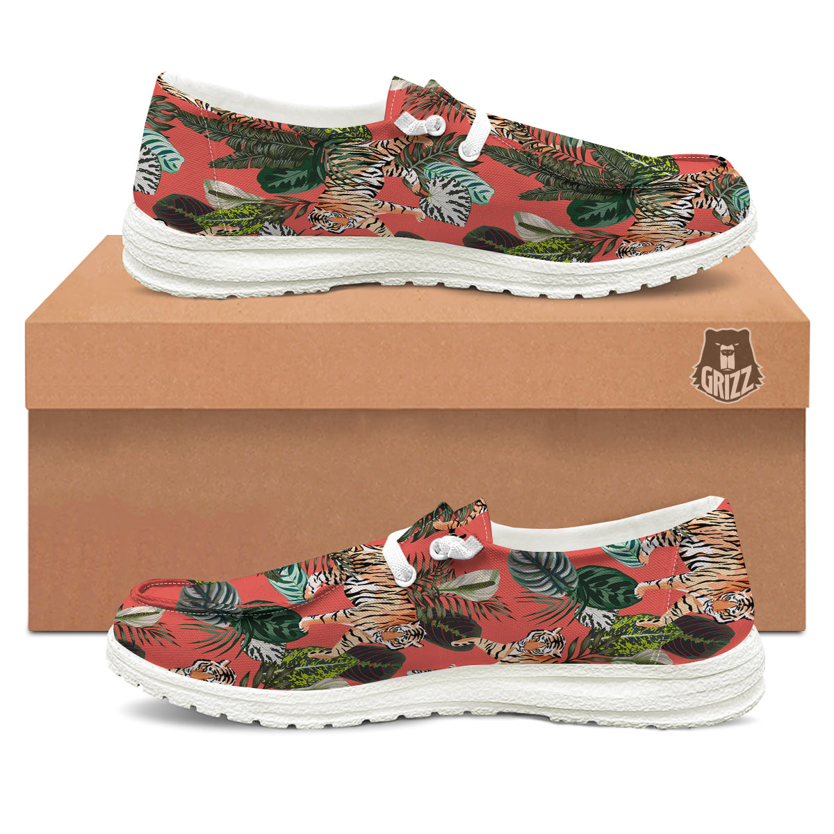 Tiger Tropical Print Pattern White Loafers-grizzshop