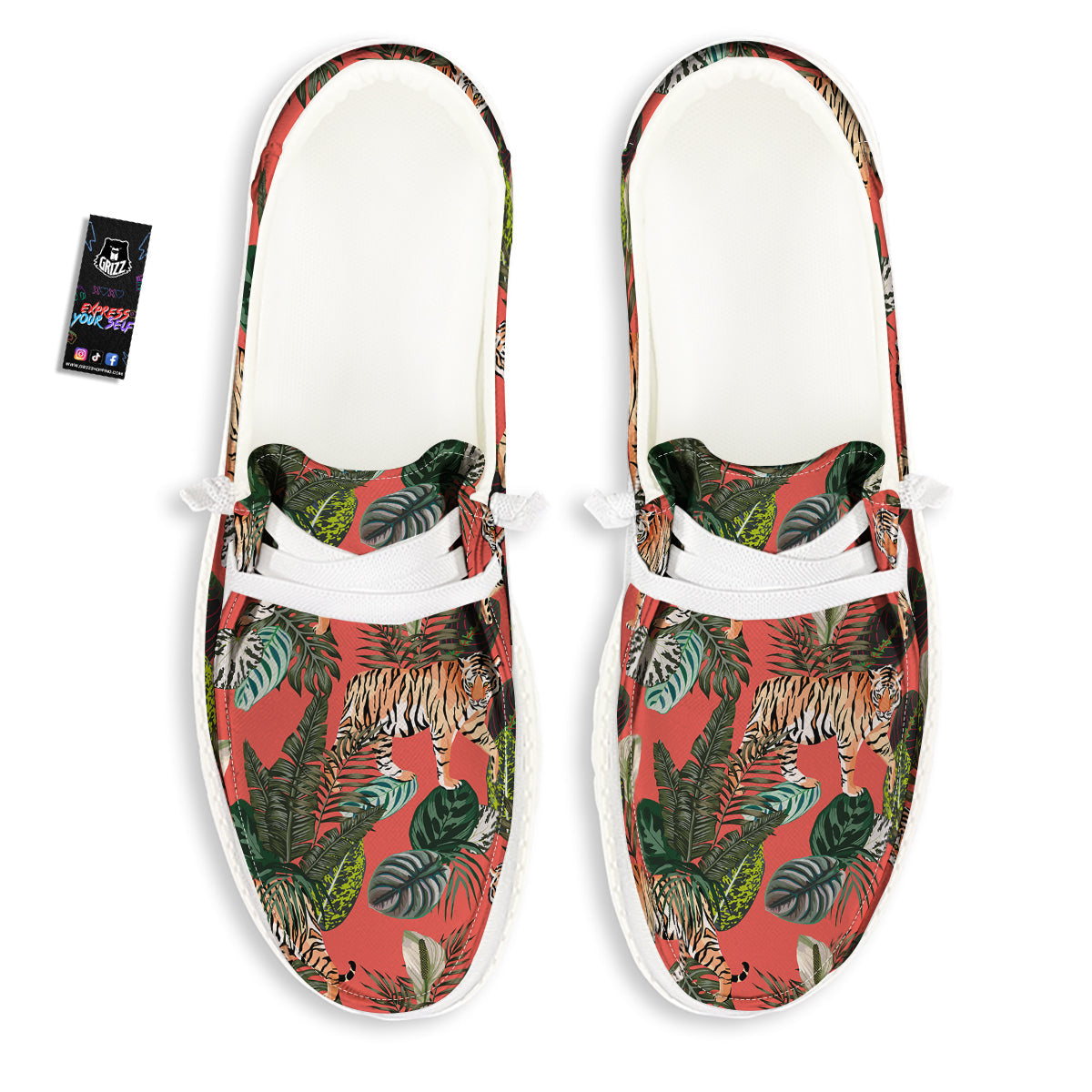 Tiger Tropical Print Pattern White Loafers-grizzshop