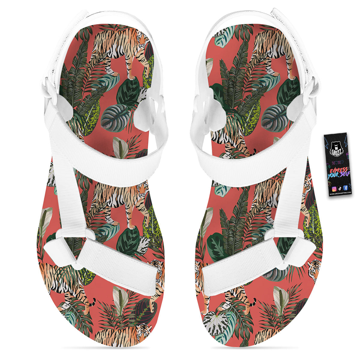 Tiger Tropical Print Pattern White Open Toe Sandals-grizzshop