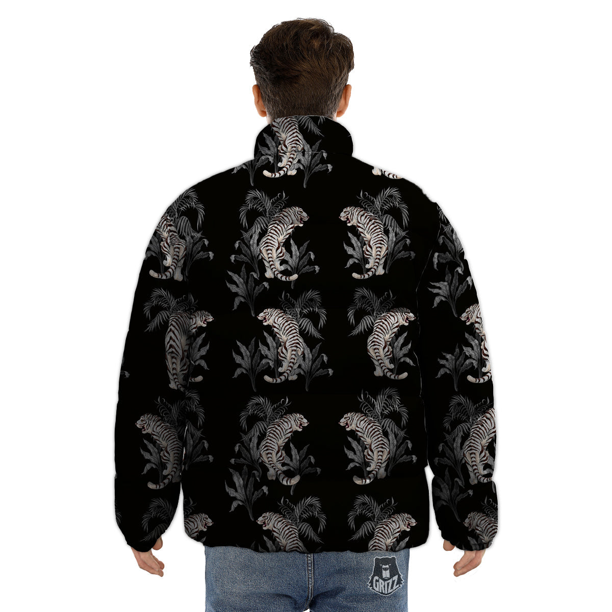 Tiger Tropical Vintage Print Pattern Puffer Jacket-grizzshop