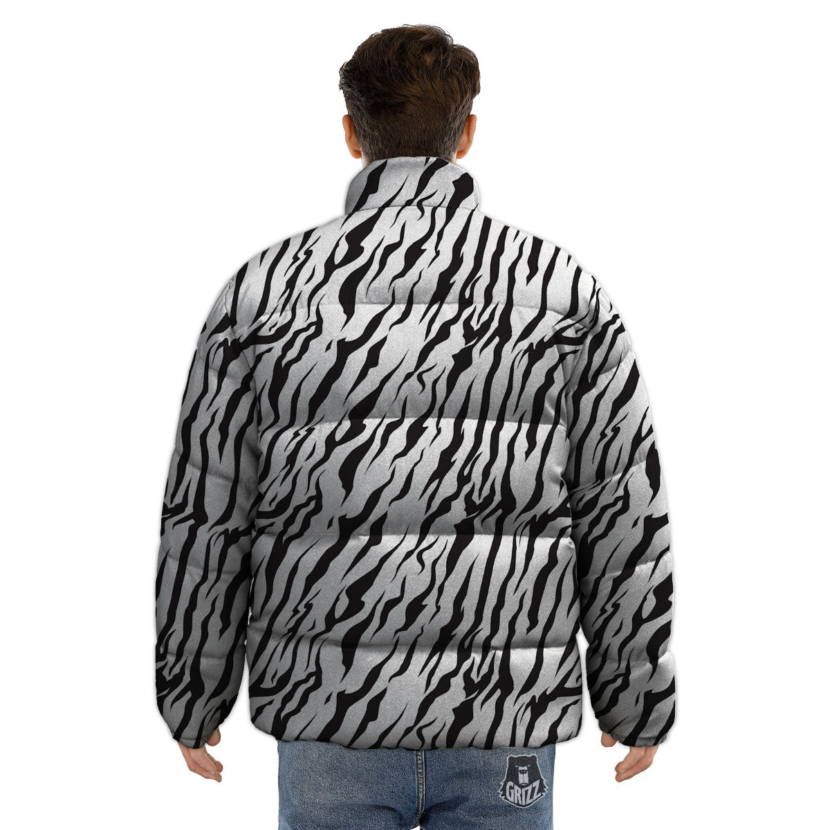 Tiger White And Black Print Pattern Puffer Jacket-grizzshop