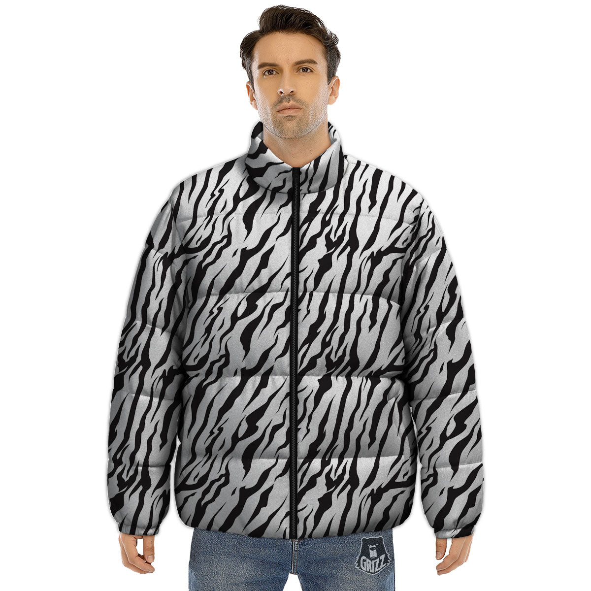 Tiger White And Black Print Pattern Puffer Jacket-grizzshop