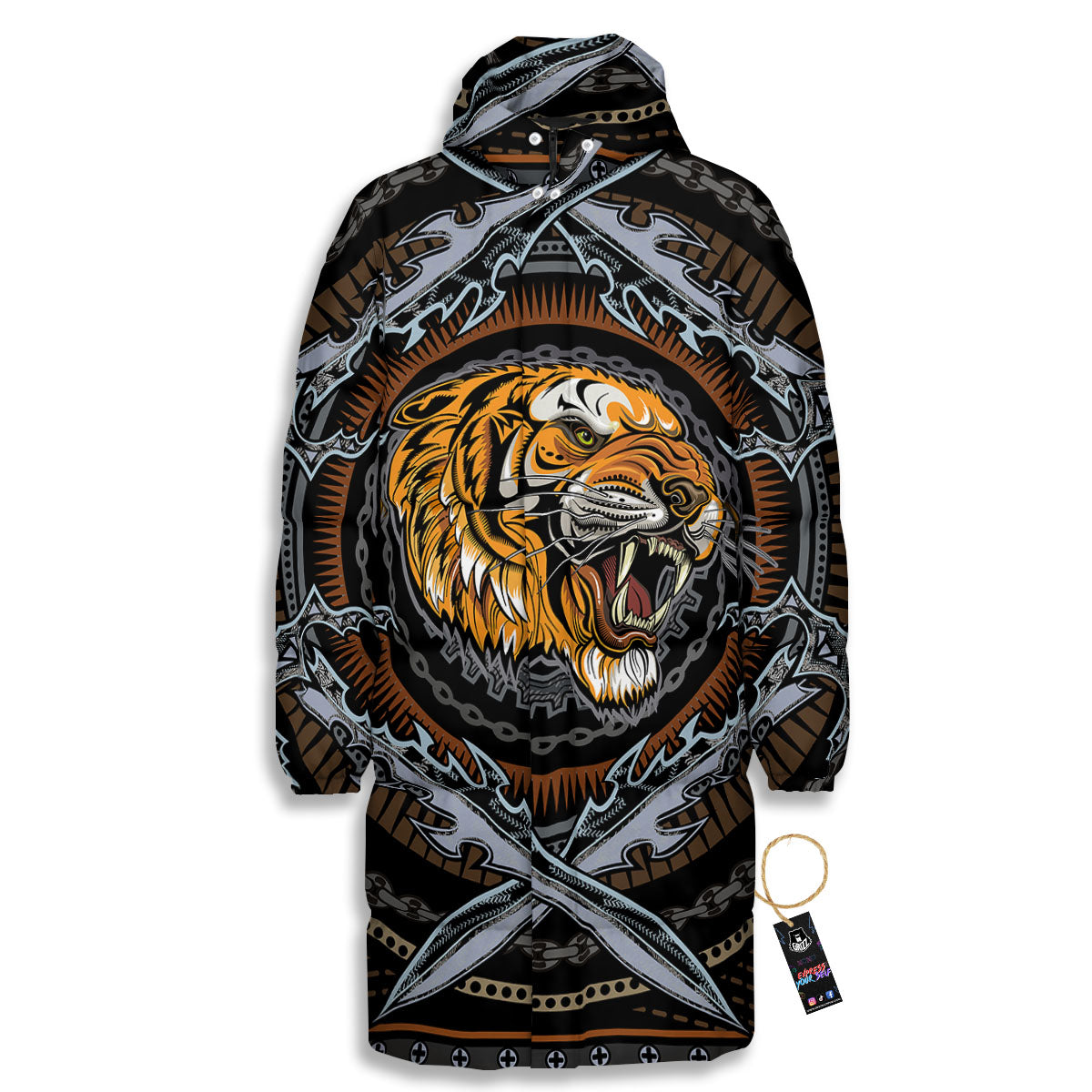 Tiger And Crossed Swords Print Long Down Jacket