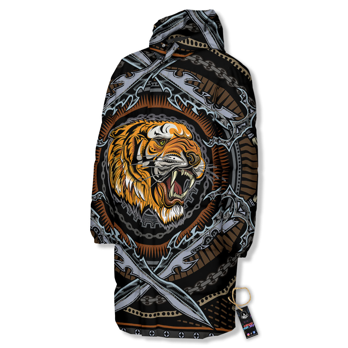 Tiger And Crossed Swords Print Long Down Jacket