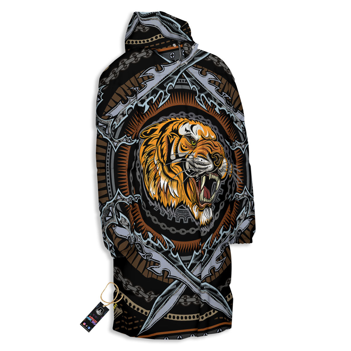 Tiger And Crossed Swords Print Long Down Jacket