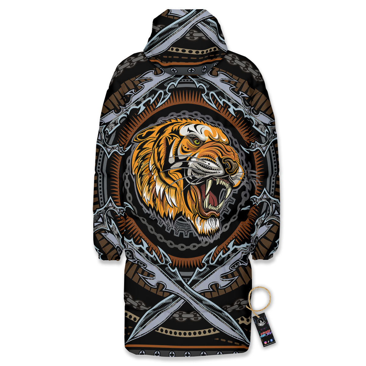 Tiger And Crossed Swords Print Long Down Jacket