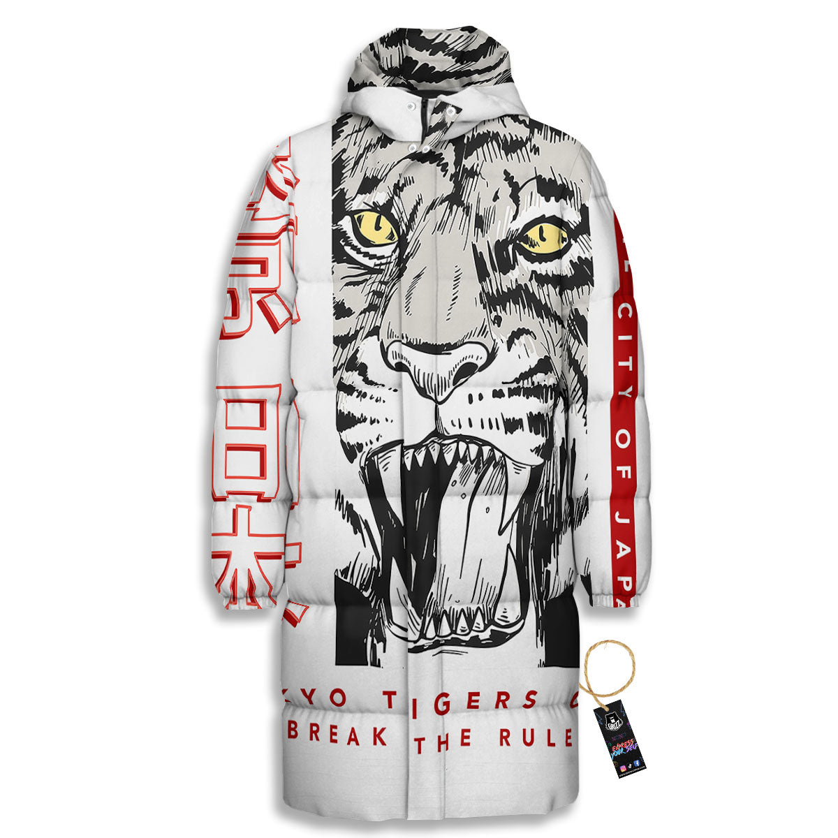Tiger Japanese Style Print Long Down Jacket