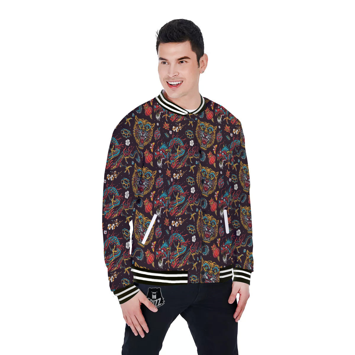 Tigers And Dragons Colorful Tattoo Print Pattern Baseball Jacket-grizzshop