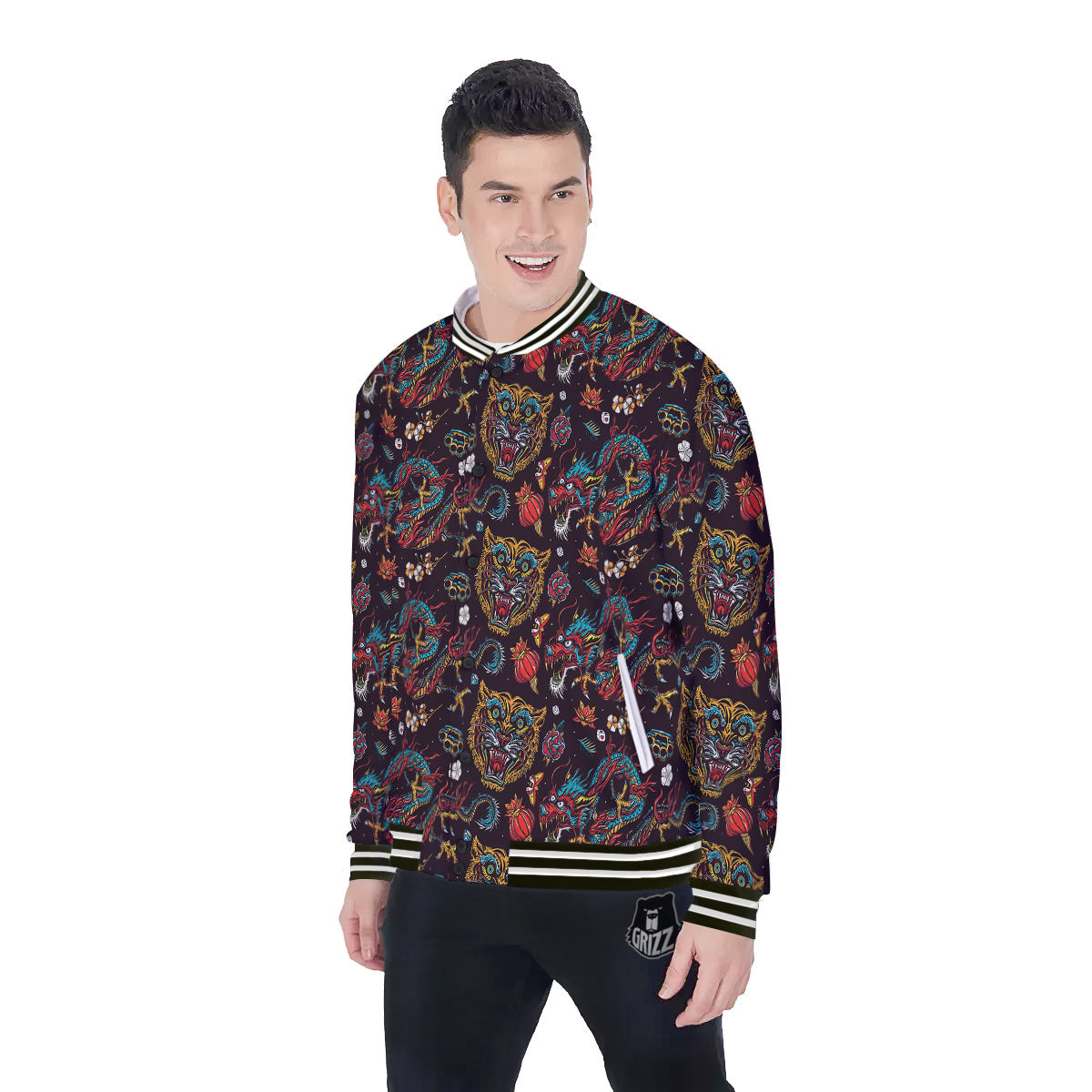 Tigers And Dragons Colorful Tattoo Print Pattern Baseball Jacket-grizzshop