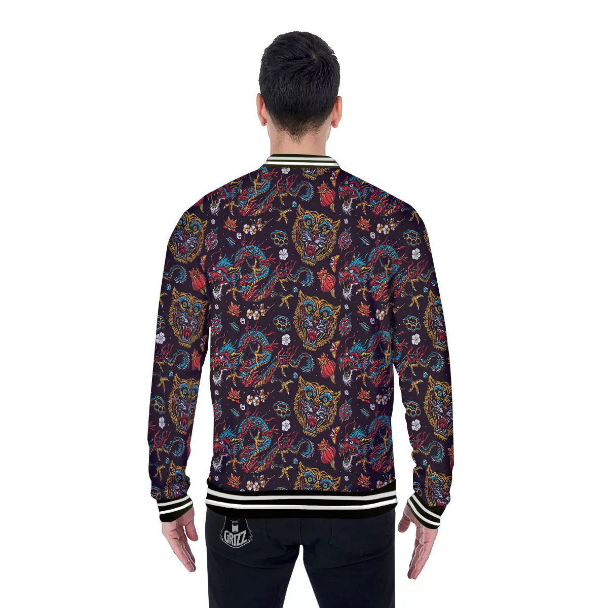 Tigers And Dragons Colorful Tattoo Print Pattern Baseball Jacket-grizzshop