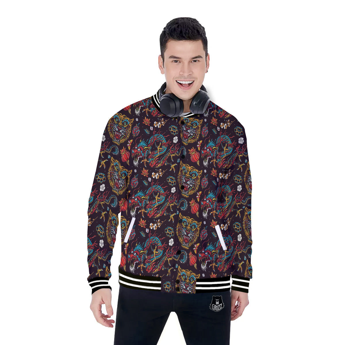 Tigers And Dragons Colorful Tattoo Print Pattern Baseball Jacket-grizzshop