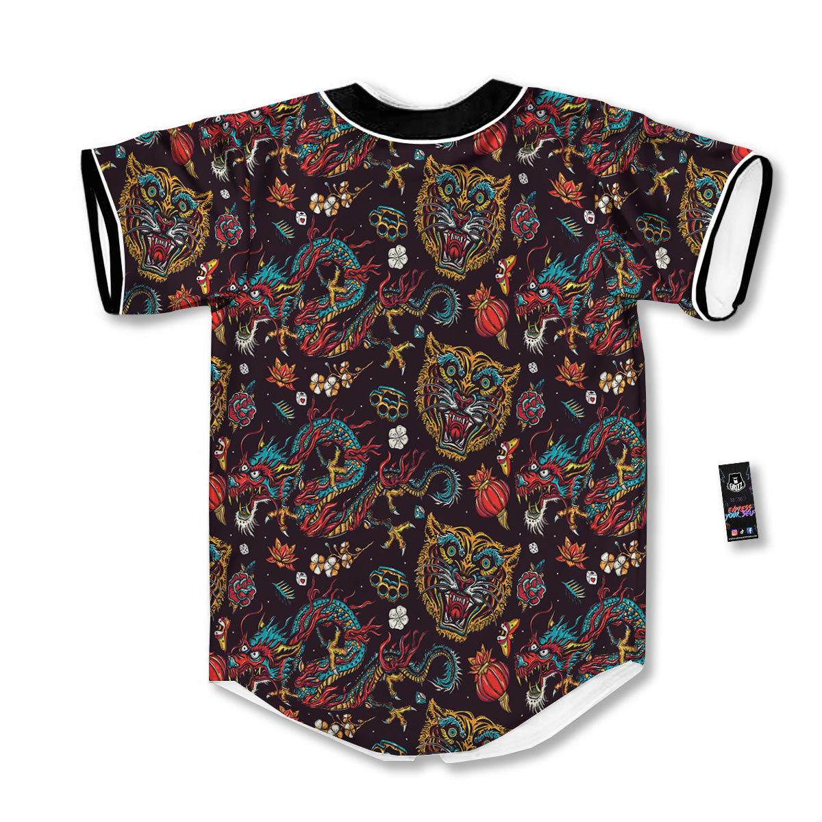 Tigers And Dragons Colorful Tattoo Print Pattern Baseball Jersey-grizzshop