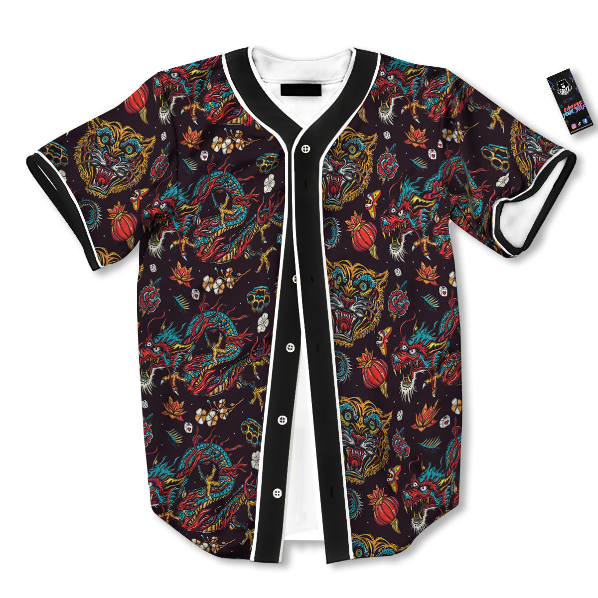 Tigers And Dragons Colorful Tattoo Print Pattern Baseball Jersey-grizzshop