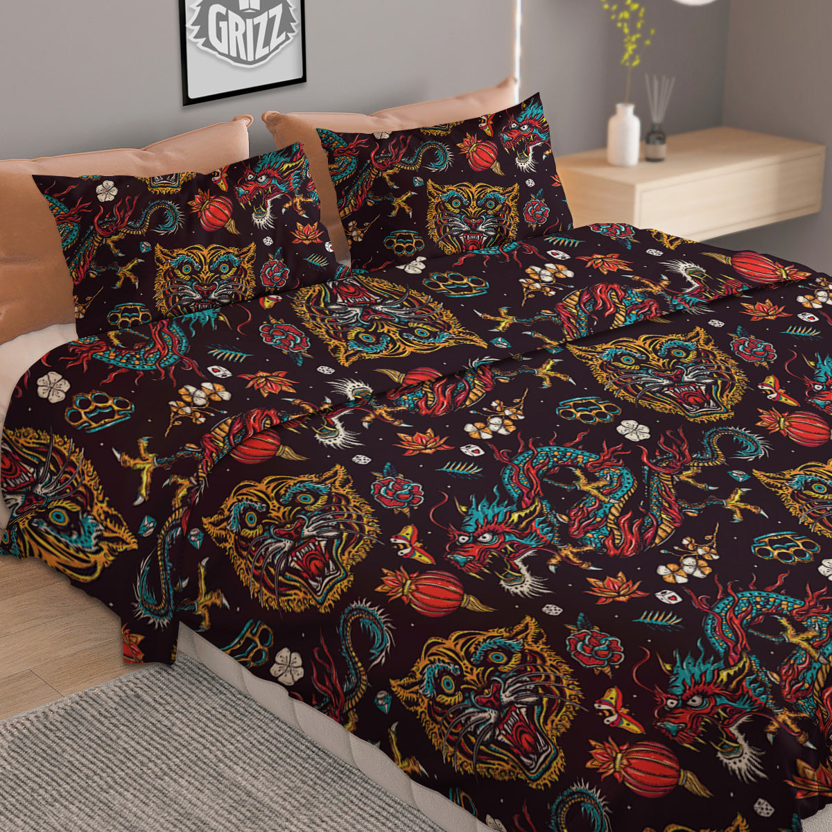 Tigers And Dragons Colorful Tattoo Print Pattern Duvet Cover Bedding Set