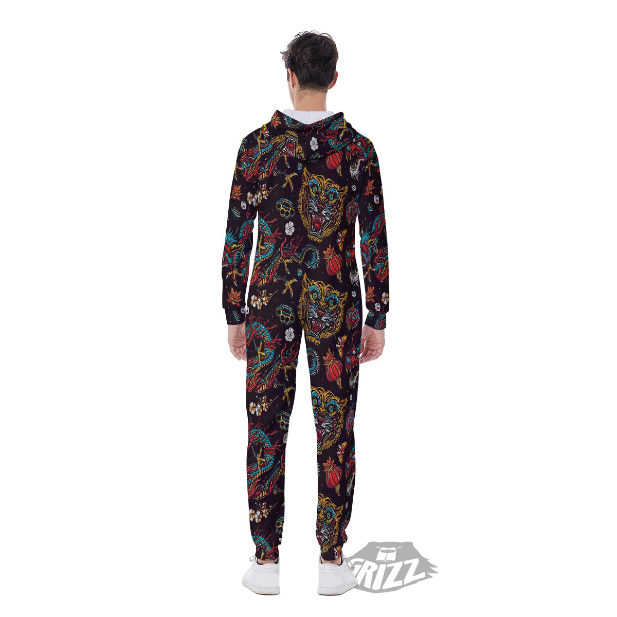 Tigers And Dragons Colorful Tattoo Print Pattern Men's Jumpsuit-grizzshop