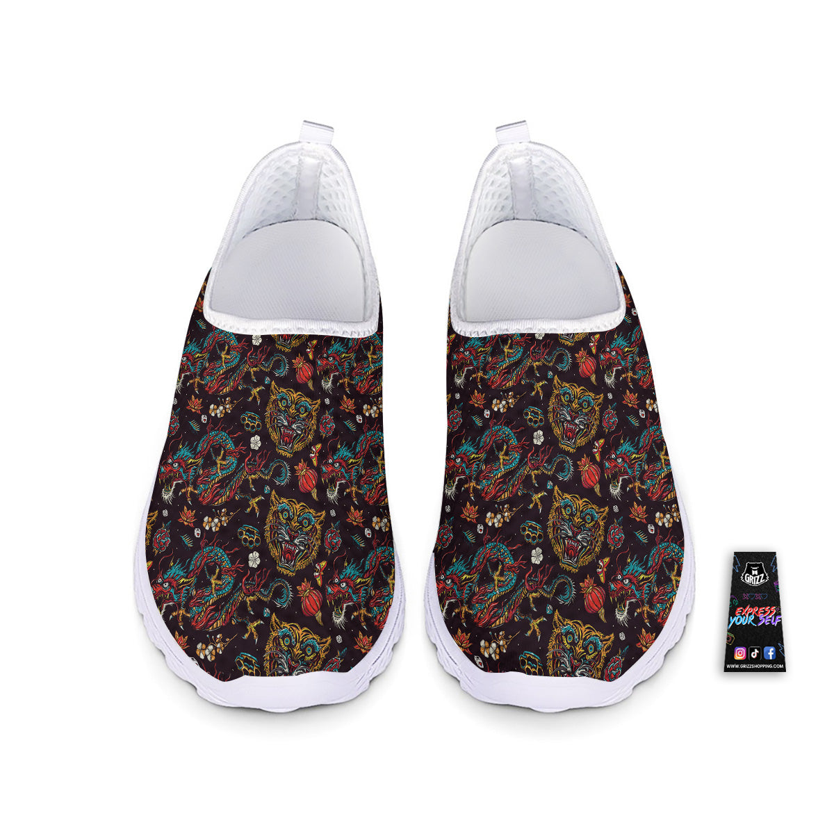 Tigers And Dragons Colorful Tattoo Print Pattern Nurse Shoes-grizzshop