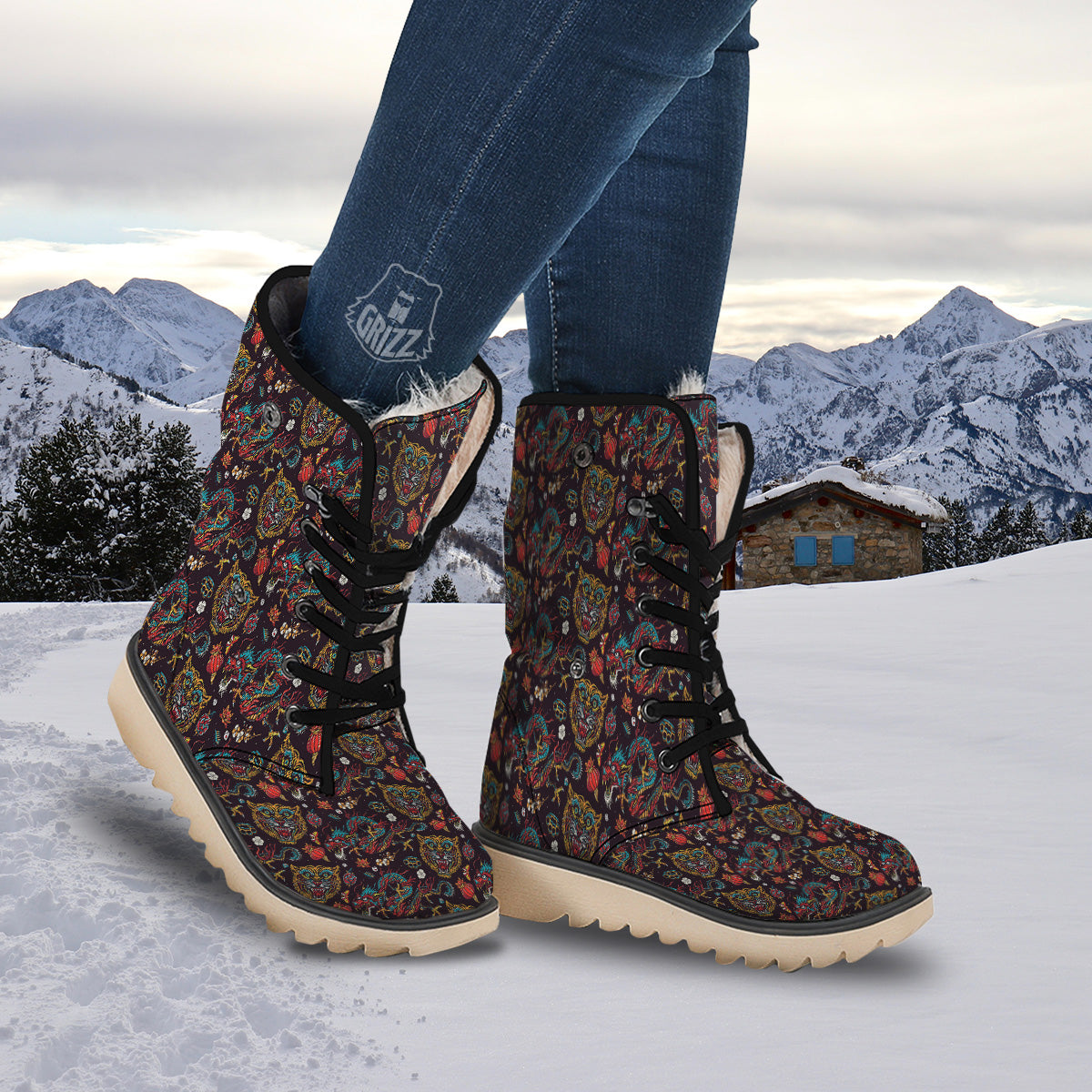 Tigers And Dragons Colorful Tattoo Print Pattern Snow Boots-grizzshop