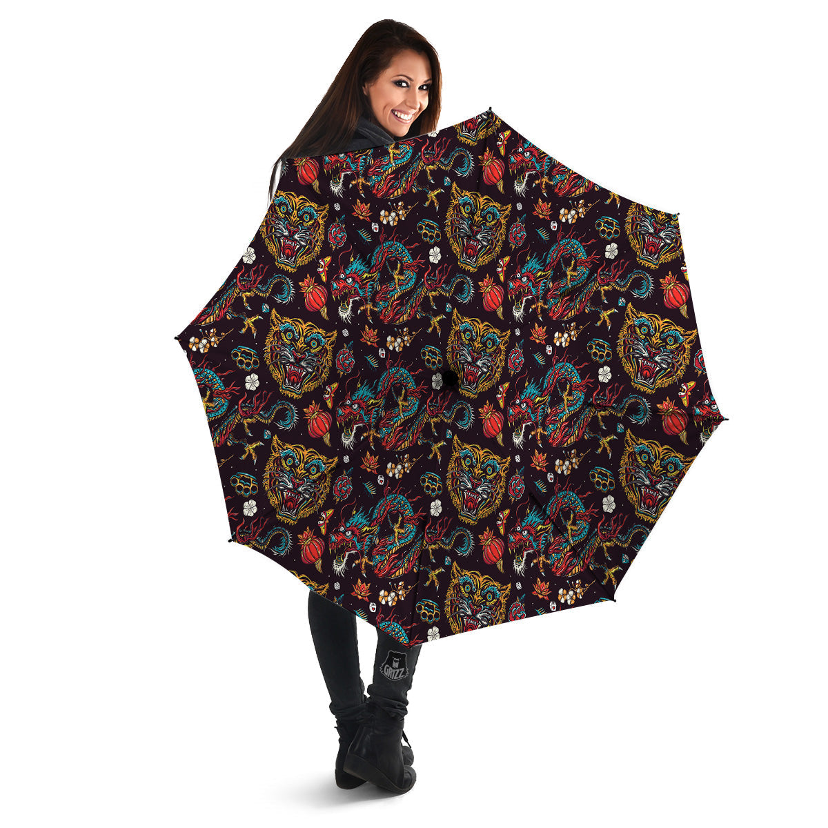 Tigers And Dragons Colorful Tattoo Print Pattern Umbrella-grizzshop