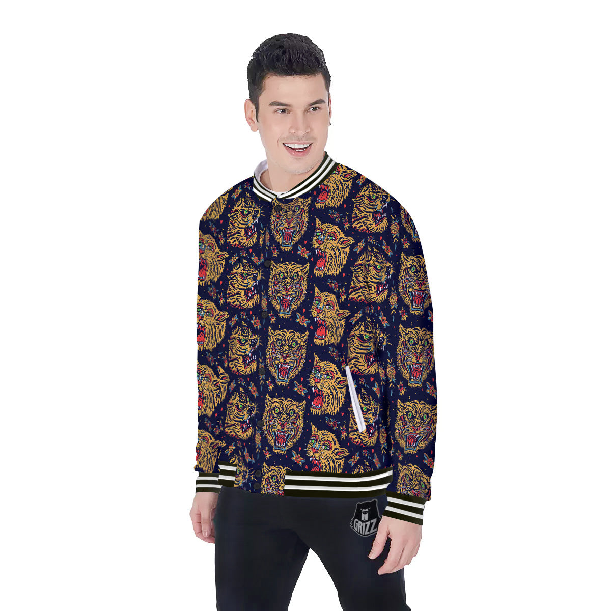Tigers Head Tattoo Print Pattern Baseball Jacket-grizzshop