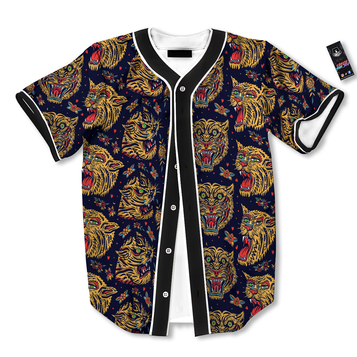Tigers Head Tattoo Print Pattern Baseball Jersey-grizzshop