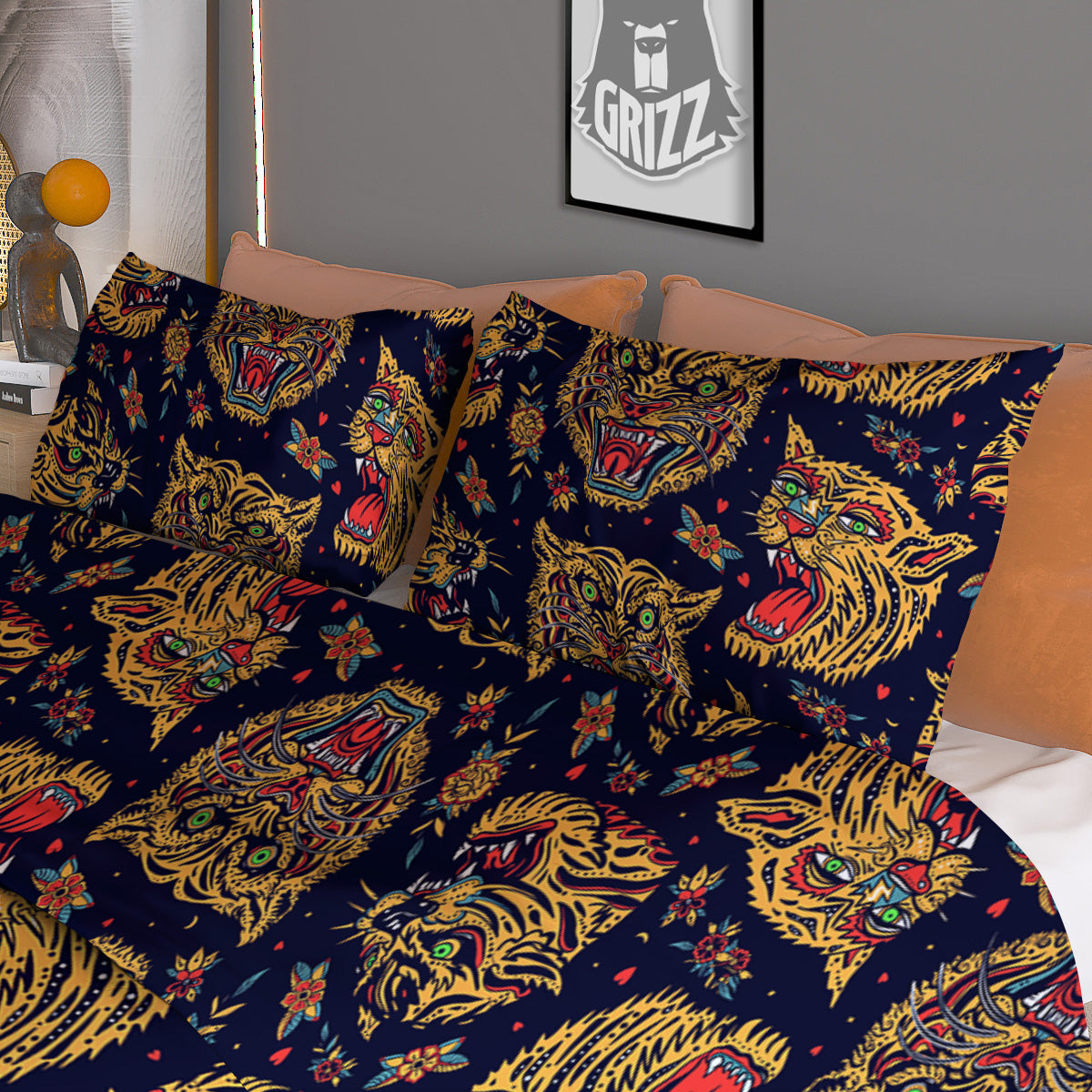 Tigers Head Tattoo Print Pattern Duvet Cover Bedding Set