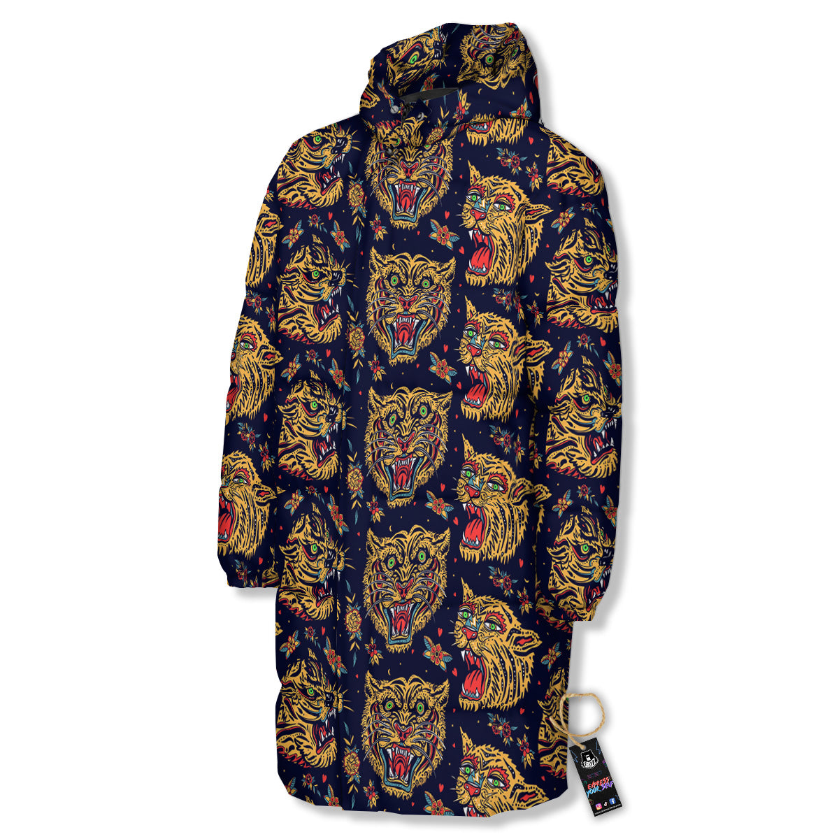 Tigers Head Tattoo Print Pattern Long Down Jacket-grizzshop