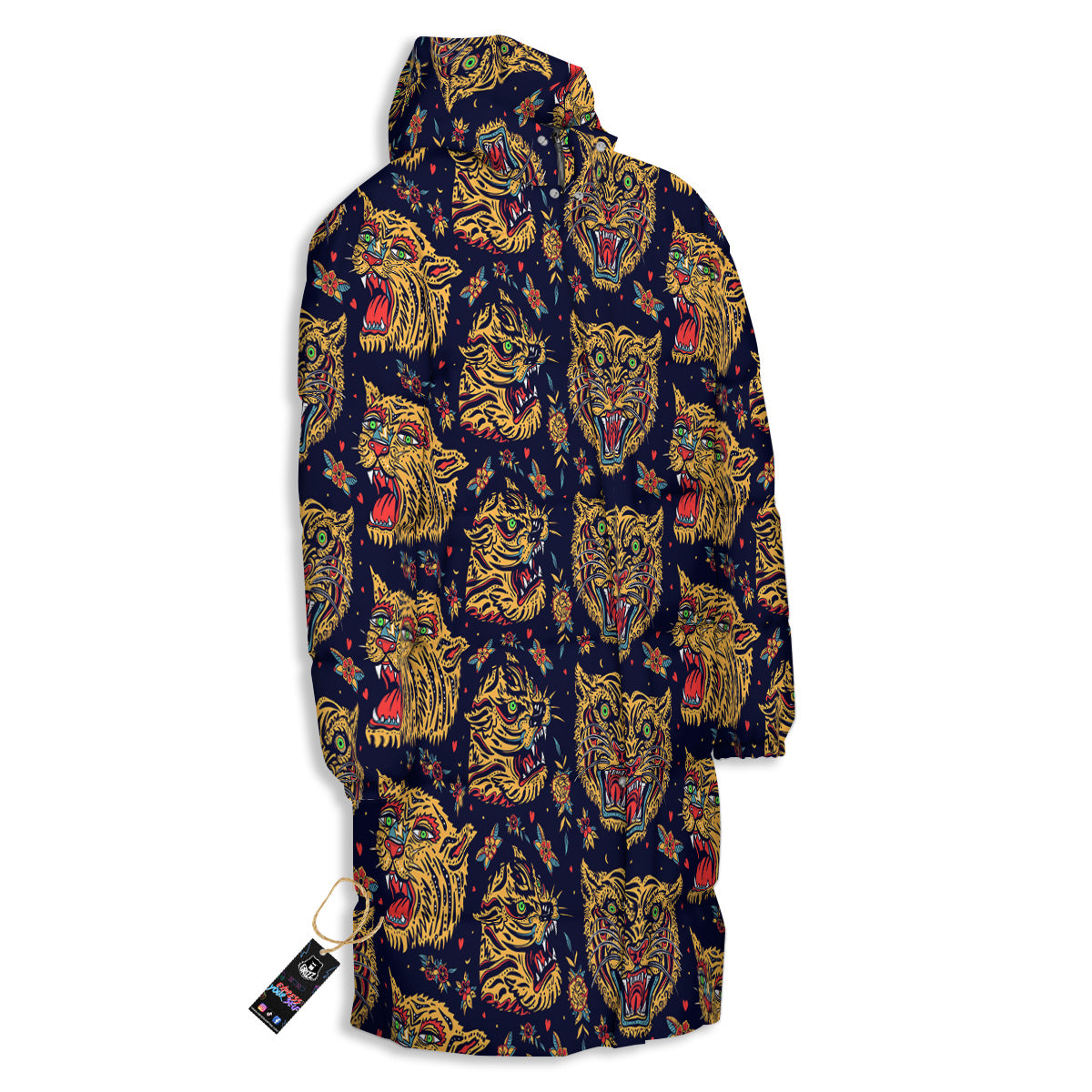 Tigers Head Tattoo Print Pattern Long Down Jacket-grizzshop
