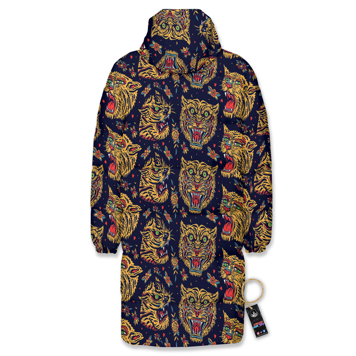 Tigers Head Tattoo Print Pattern Long Down Jacket-grizzshop
