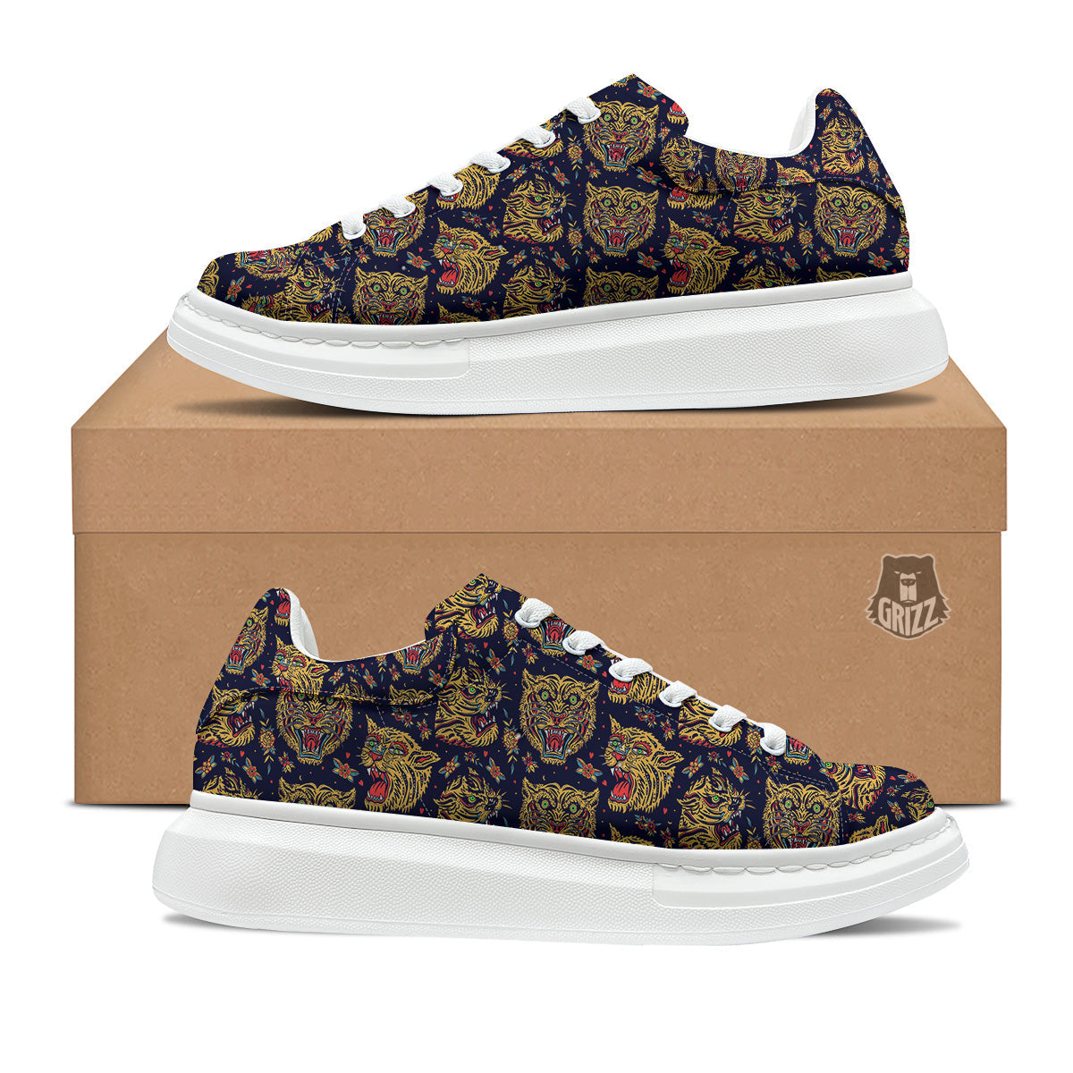 Tigers Head Tattoo Print Pattern Platform Shoes-grizzshop
