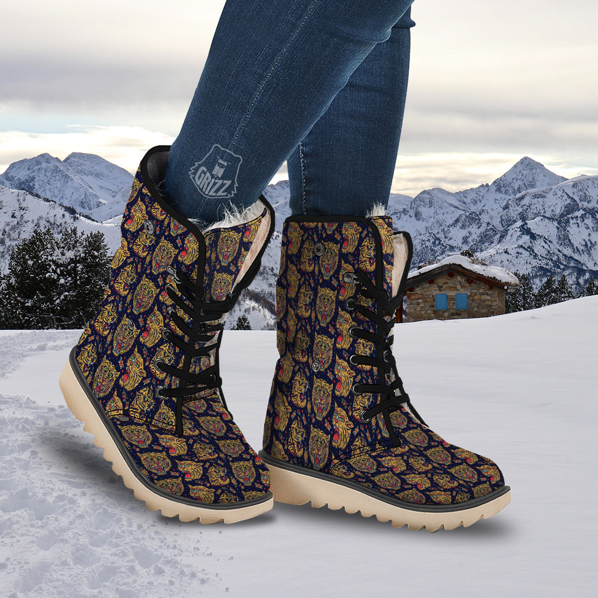 Tigers Head Tattoo Print Pattern Snow Boots-grizzshop