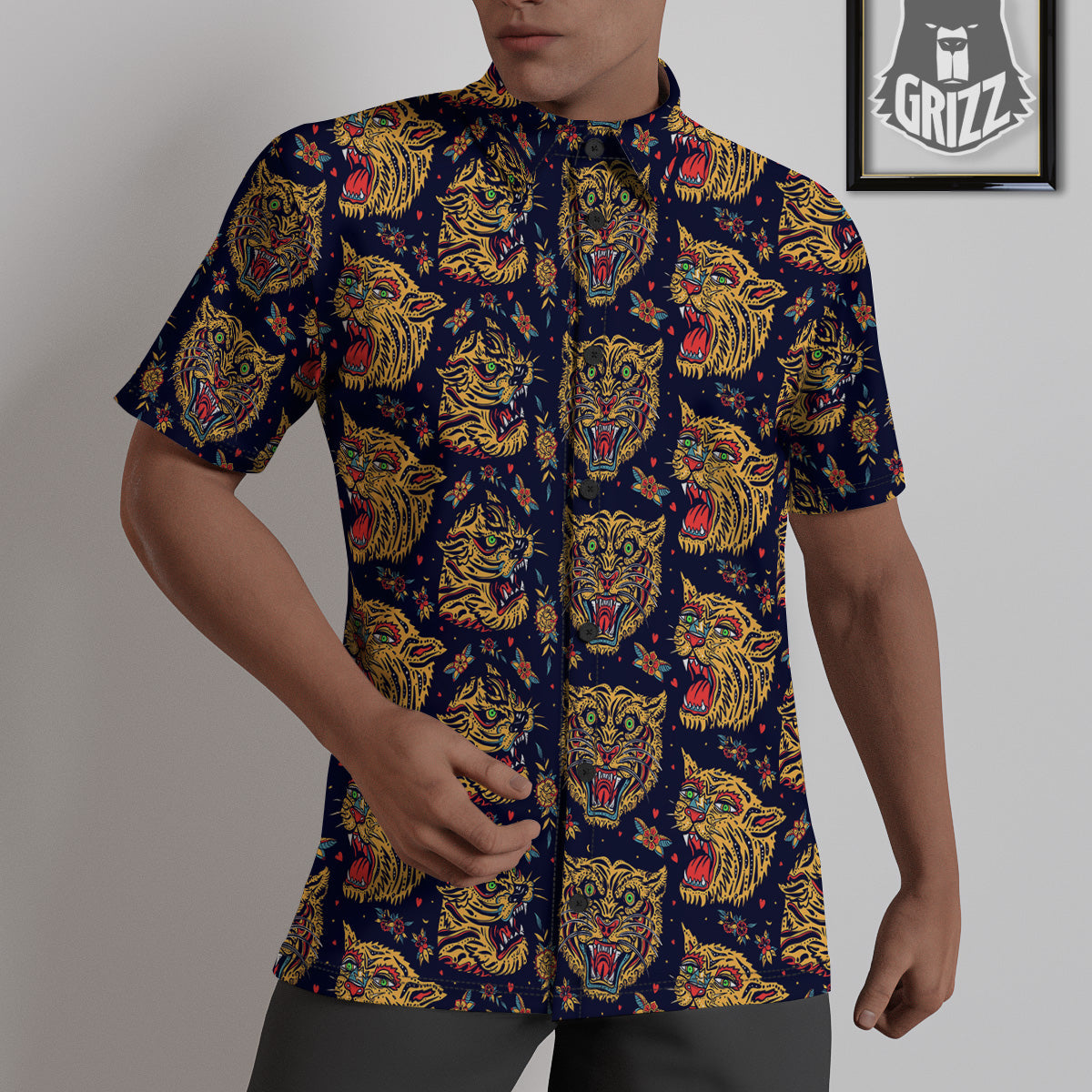 Tigers Head Tattoo Print Pattern Untucked Shirts-grizzshop