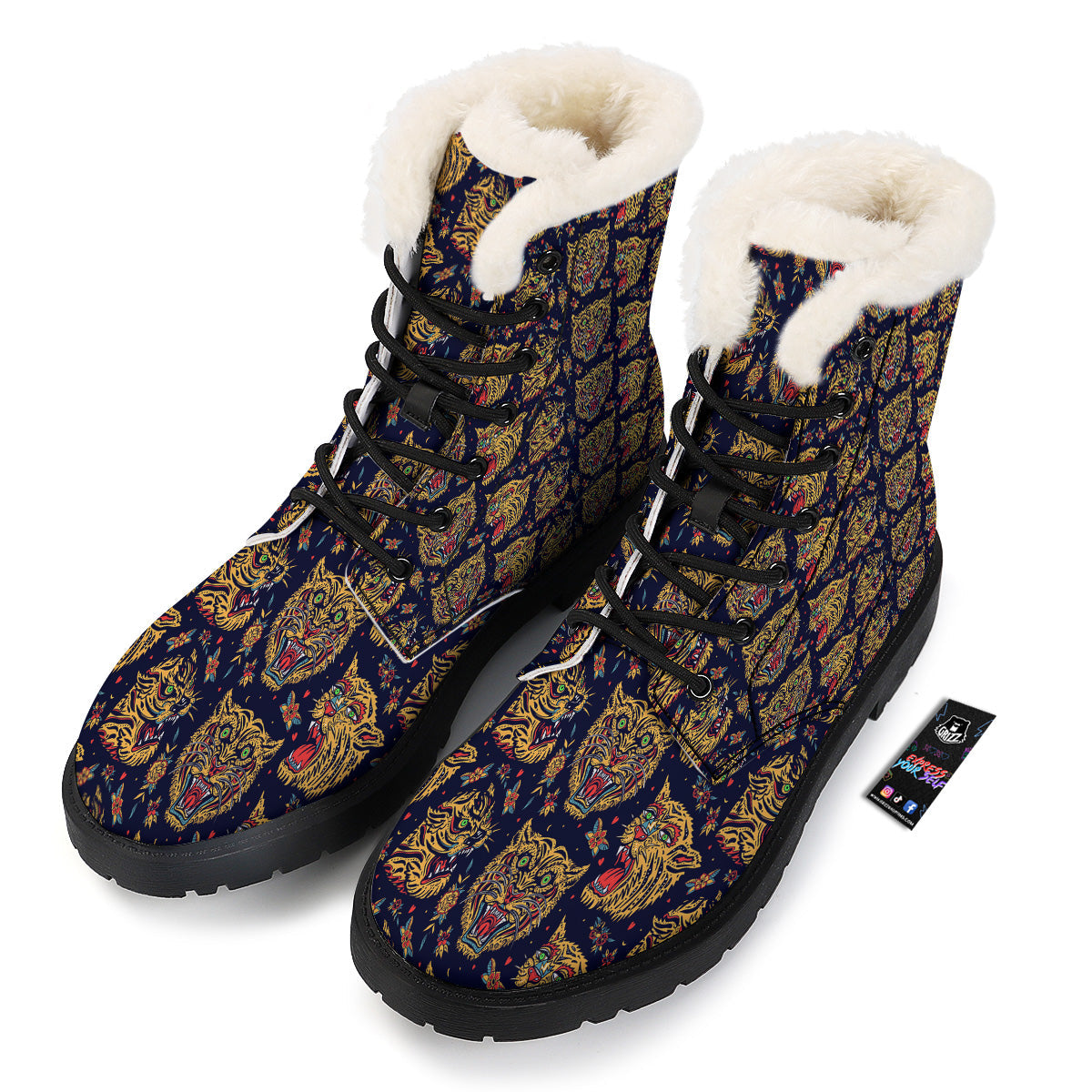 Tigers Head Tattoo Print Pattern Winter Boots-grizzshop