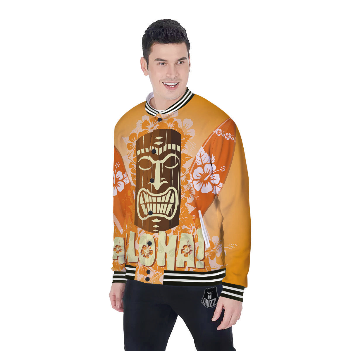 Tiki Aloha Print Baseball Jacket-grizzshop
