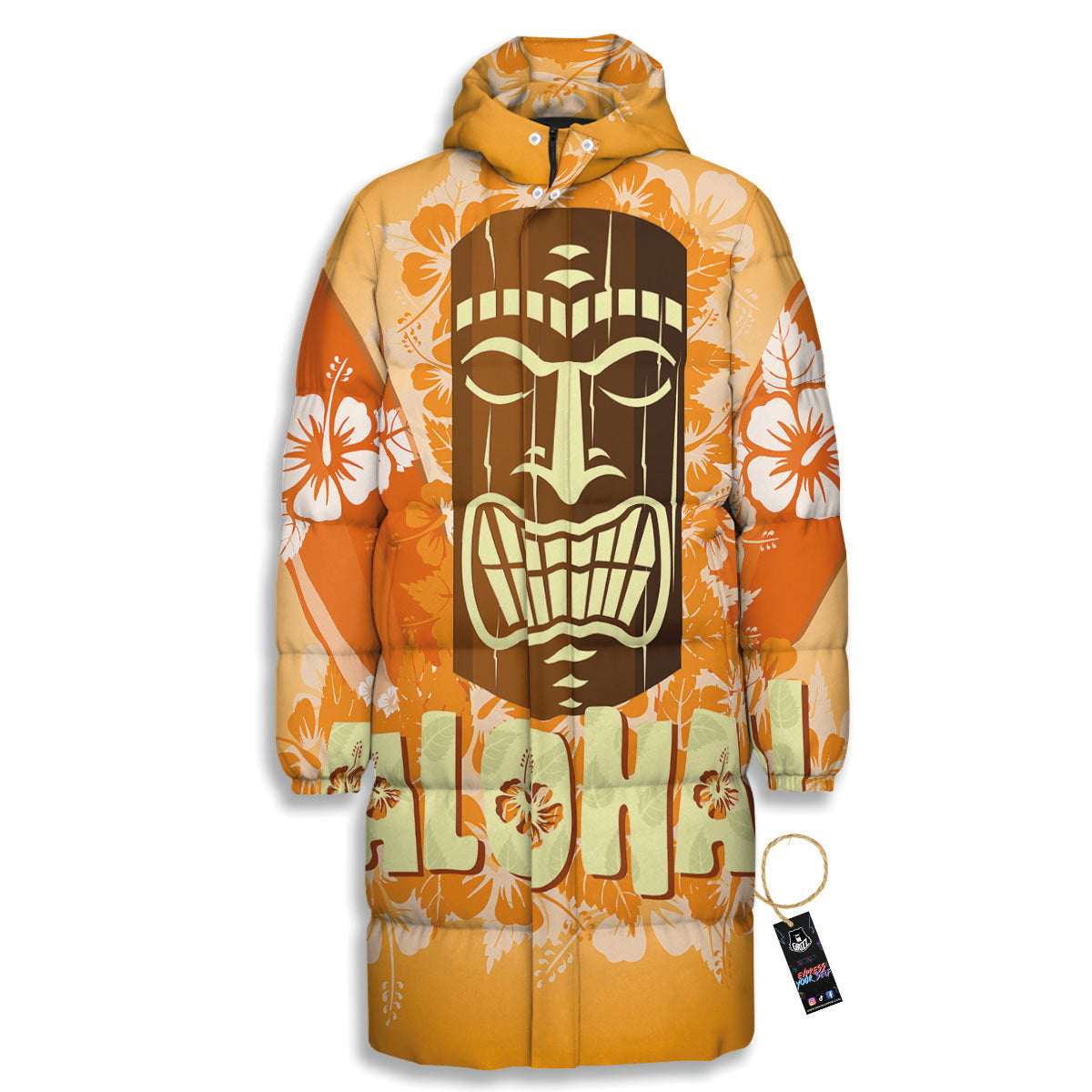 Tiki Aloha Print Long Down Jacket-grizzshop