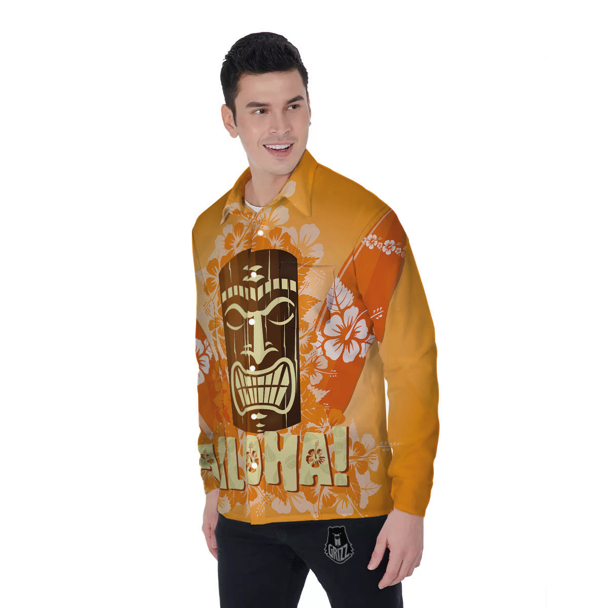 Tiki Aloha Print Men's Long Sleeve Shirts-grizzshop
