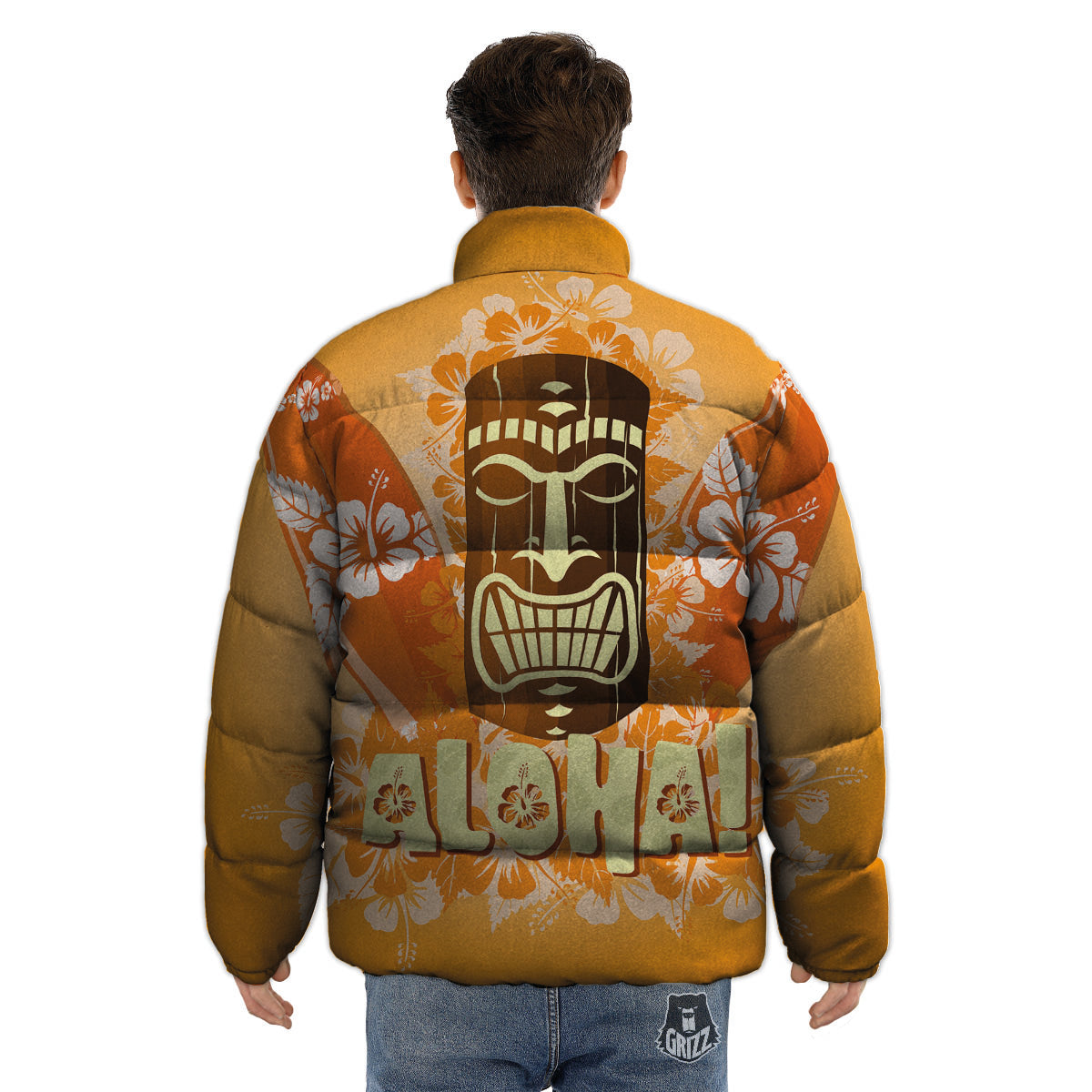 Tiki Aloha Print Puffer Jacket-grizzshop