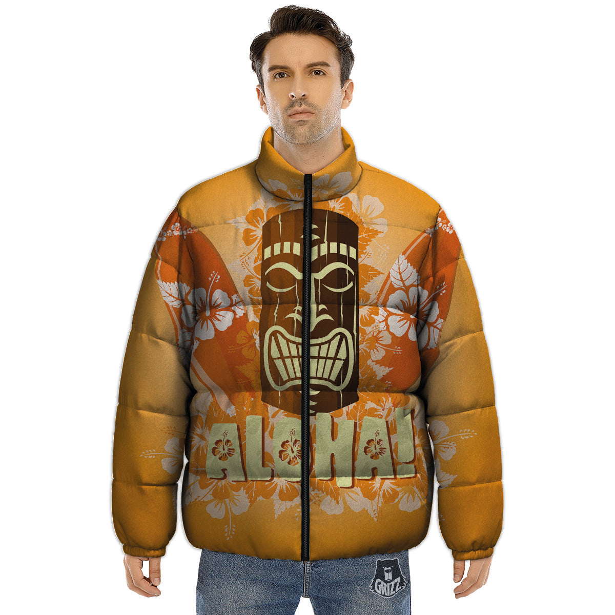 Tiki Aloha Print Puffer Jacket-grizzshop