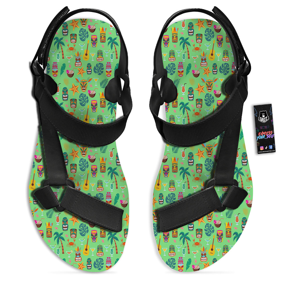 Tiki Colorful Print Pattern Black Open Toe Sandals-grizzshop