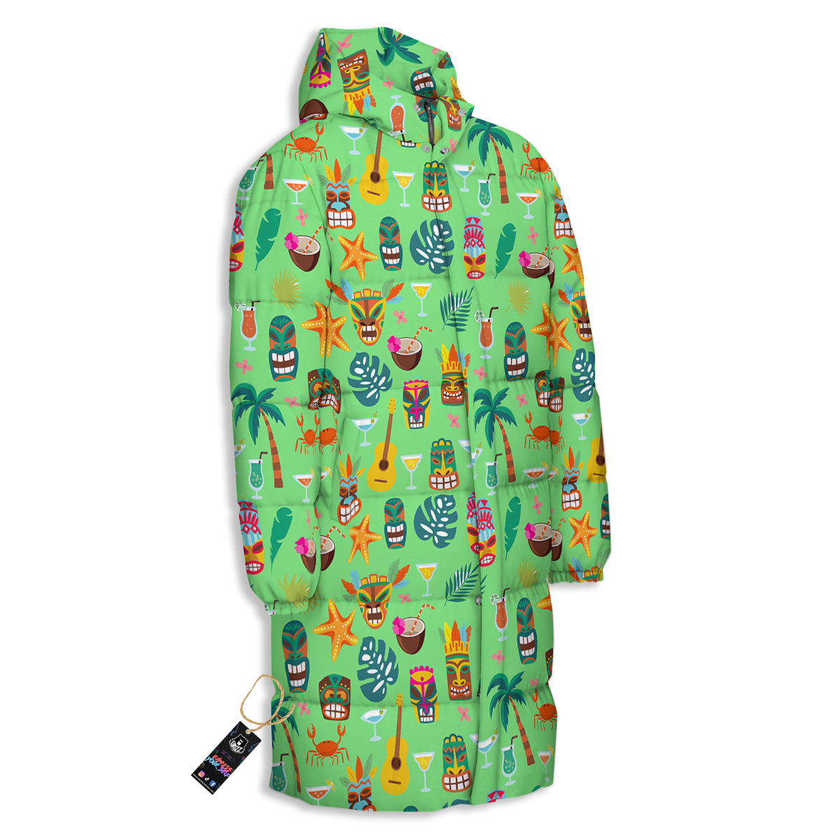 Tiki Colorful Print Pattern Long Down Jacket-grizzshop