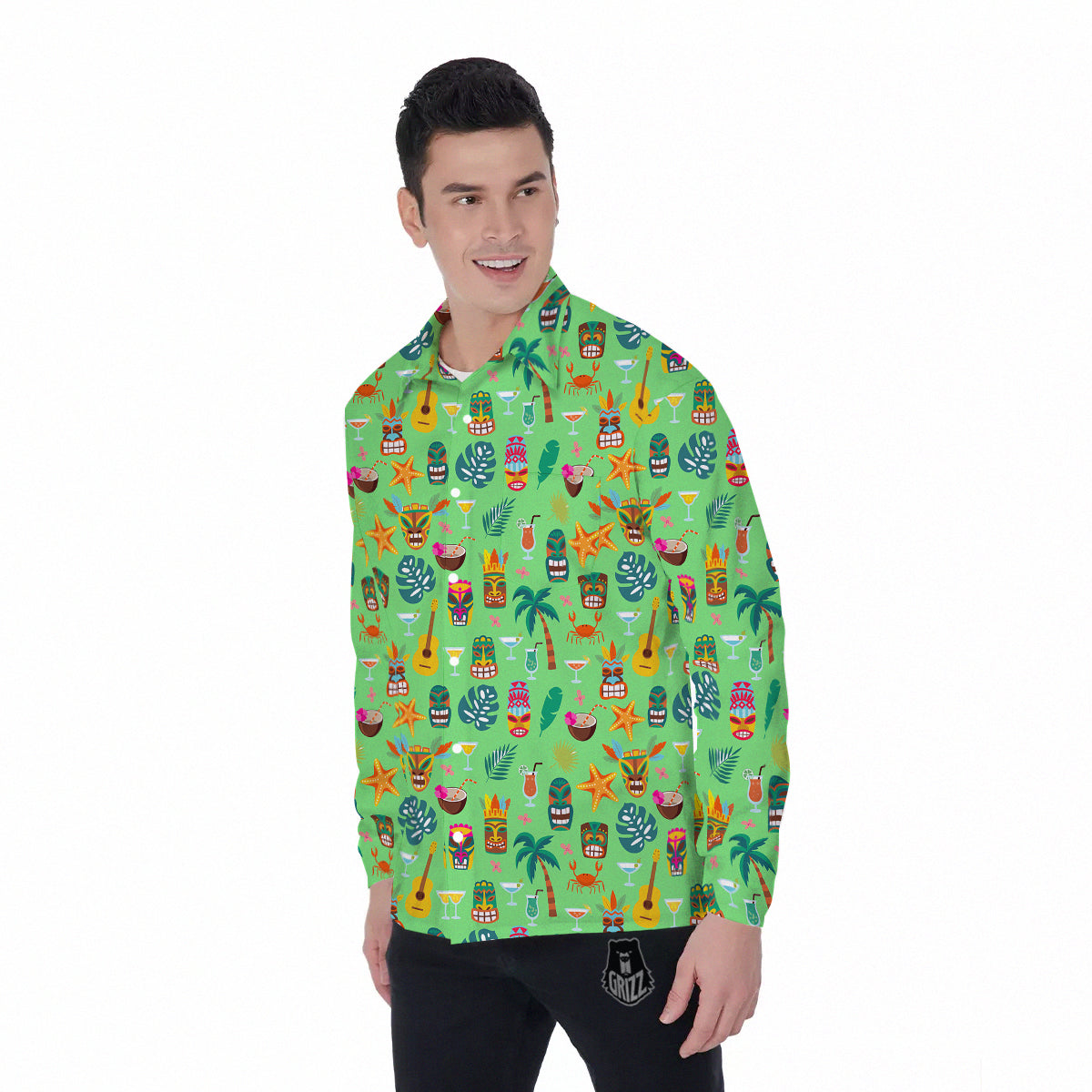 Tiki Colorful Print Pattern Men's Long Sleeve Shirts-grizzshop